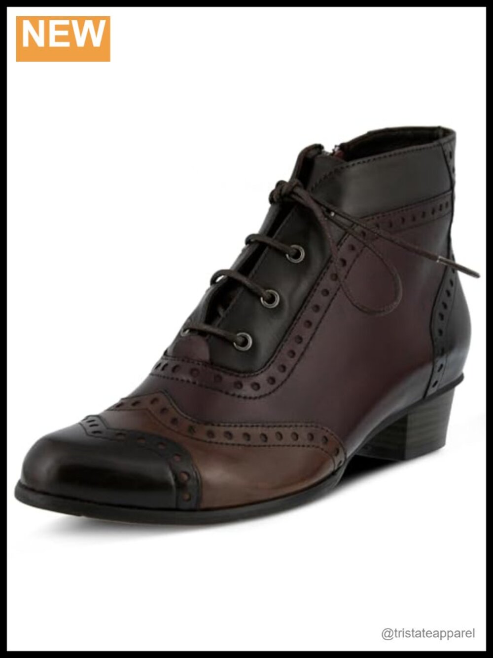 Women's Leather Ankle Bootie with Stacked Heel, Round Toe, Zip Closure